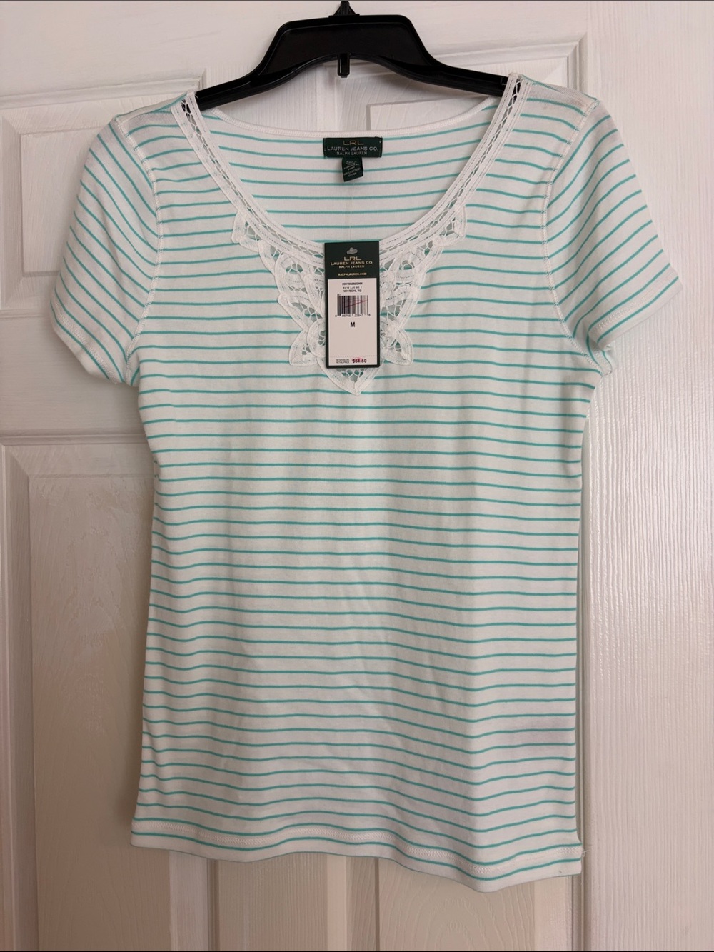 Lauren Ralph Lauren White and Mint Striped Lace-Trim Short Sleeve Tee size M